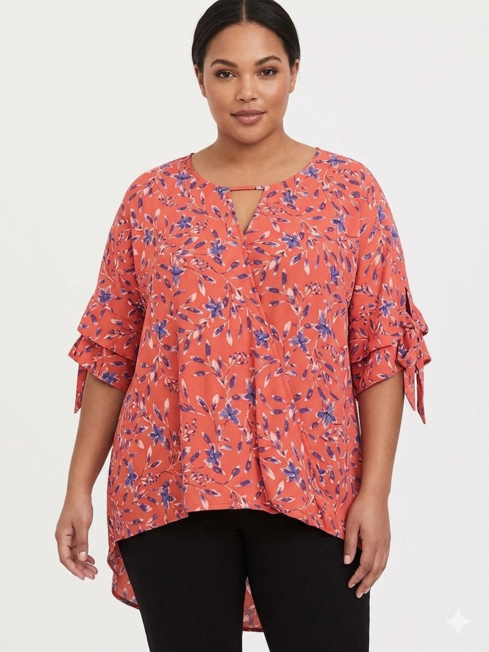 West Kei NWOT Coral Tunic with Blue Floral Print 3/4 Sleeve No Stretch
